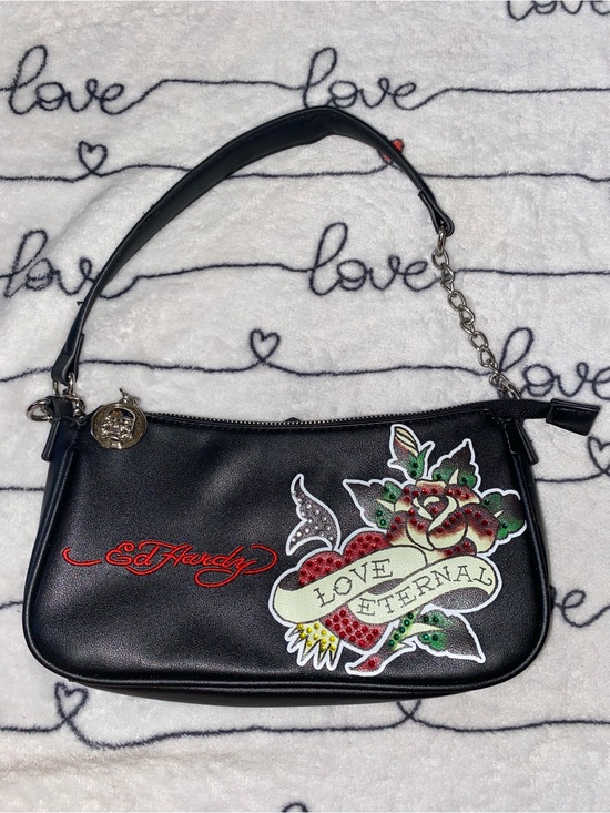 Ed Hardy Handbags - Ed Hardy Black Shoulder Bag with Red & Green Embroidered Heart Rose